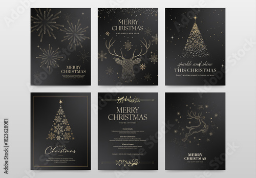 Merry Christmas Poster Flyer Set in Luxury Black & Gold for Festive Holiday & New Years Eve Countdown, NYE Gala Invitation & Xmas Branding