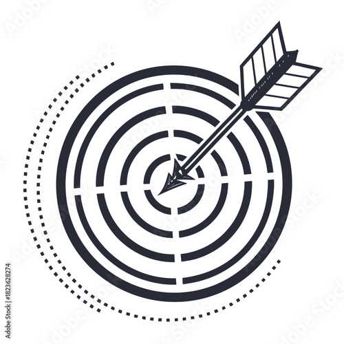 A stylized dark gray arrow hitting the bullseye of a circular target with dotted lines radiating outwards on a white background representing focus and achievement