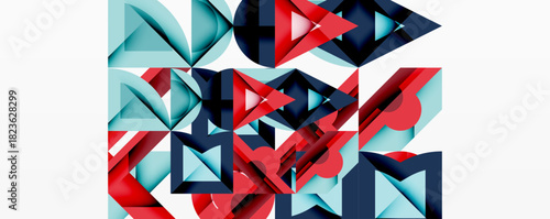 Abstract geometric shapes overlap, creating complex visual texture. Red, navy, teal colors dominate white background. Modern design.