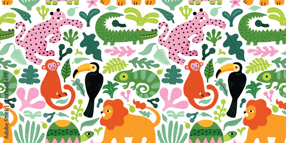 Naklejka premium Seamless jungle pattern with lion, monkey, leopard, crocodile, toucan, tropical leaves. Bright cute funny summer illustration, white background, green and pink colors. Vector seamless texture.