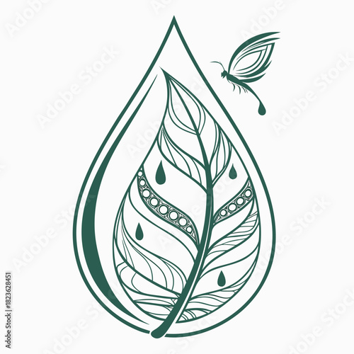 Elegant green line art illustration of a stylized leaf with water droplets and a delicate butterfly emerging from a teardrop shape symbolizing nature and purity