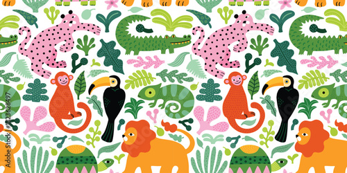 Seamless jungle pattern with lion, monkey, leopard, crocodile, toucan, tropical leaves. Bright cute funny  summer illustration, white background, green and pink colors. Vector seamless texture.