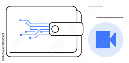 Wallet with digital circuit pattern paired with video camera icon symbolizing fintech, secure payments, technology, and innovation. Ideal for finance, e-commerce, security, blockchain