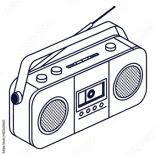 A vintage boombox with a cassette tape player and radio tuner depicted in a clean minimalist line art style with an isometric perspective perfect for retro music themes