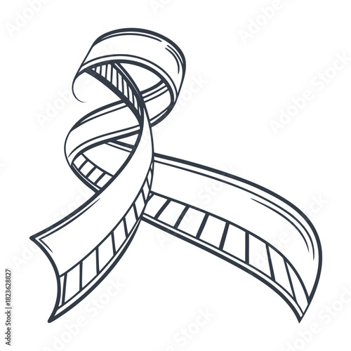 Stylized hand drawn sketch of a ribbon made from film reel with perforations symbolizing cinema and movie making artistry