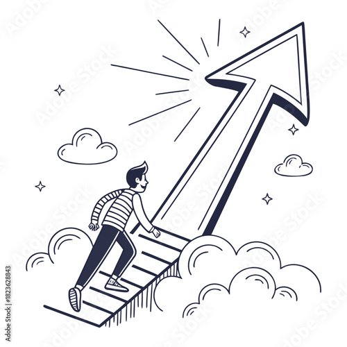 A determined person ascends a staircase leading to a bright upward pointing arrow symbolizing progress ambition and reaching new heights amidst clouds and stars