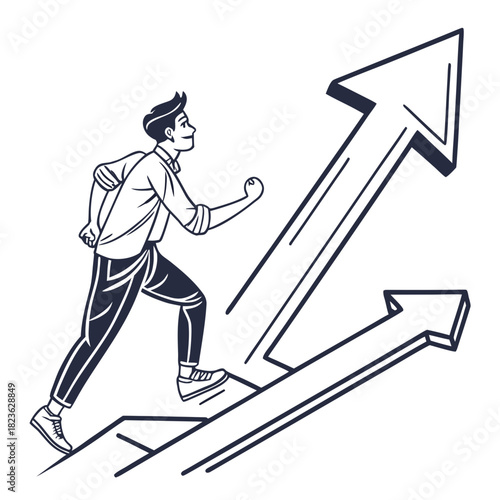 A determined businessman in a white shirt and dark pants confidently runs up a series of upward trending arrows symbolizing progress and success