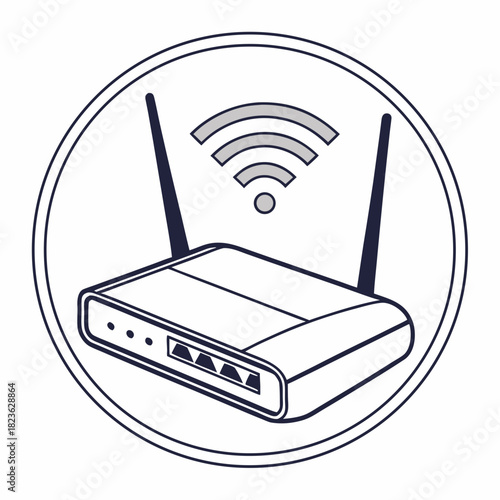 A simple line art icon of a wireless router with two antennas and a wifi signal symbol emanating from it enclosed in a circular border