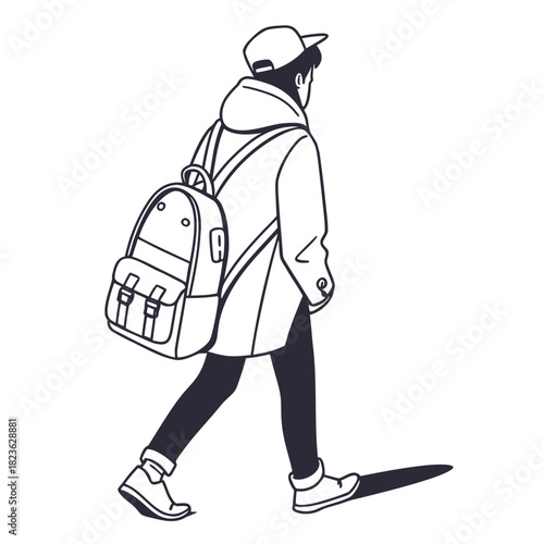 A stylish young person wearing a baseball cap and a long coat with a backpack walks confidently with their shadow cast on a white background