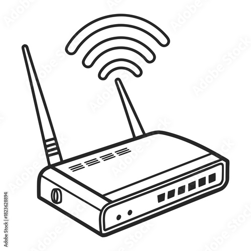 A simple black and white line art illustration of a wireless router with two antennas emitting wi fi signals representing internet connectivity and network technology