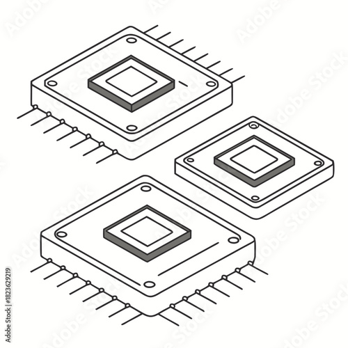Three isometric line art illustrations of computer microprocessors or central processing units with visible pins and square cores on a white background representing technology and electronics