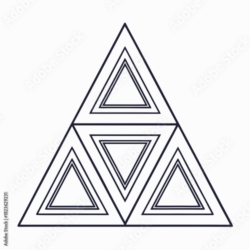 A visually striking abstract geometric design featuring a large triangle composed of smaller nested triangles arranged in a hierarchical pattern creating a sense of depth and repetition