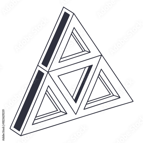 Abstract geometric structure composed of interconnected triangles forming a three dimensional pyramid shape with dark blue accents on a white background