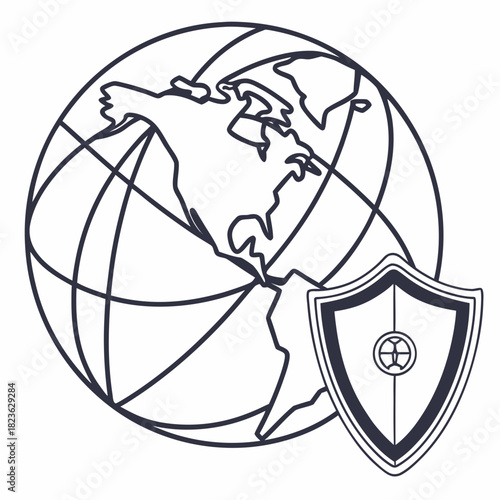 A stylized outline of the planet earth with north america prominently visible accompanied by a protective shield symbolizing global security and data protection