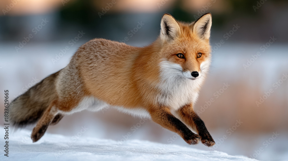 Obraz premium A fox leaping through the snow in a natural setting.