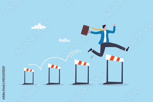 Entrepreneur overcome hurdle obstacle challenge, progress over business barrier, ambition or solution to solve problem, determination or leader, businessman entrepreneur jump hurdling over obstacles.