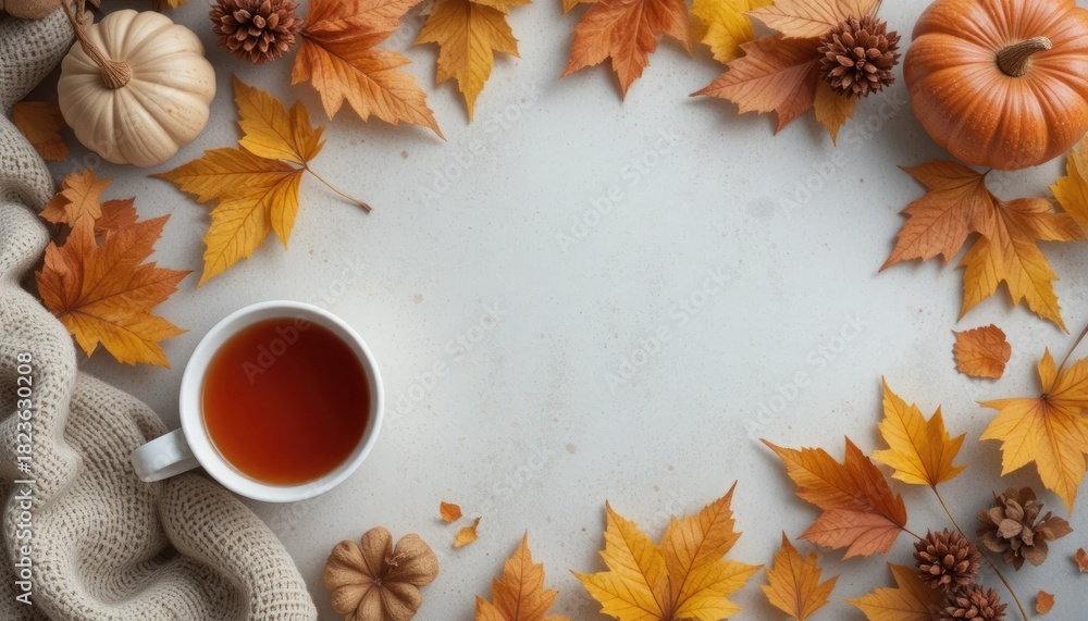 Fototapeta premium A comfortable arrangement that highlights the spirit of fall with a cup of tea, fall foliage, and cozy seasonal décor. Ideal for themes involving warm times, seasonal shifts, or autumnal moods.