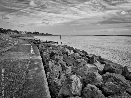 Black and white landscape photograph of Exmouth seafront