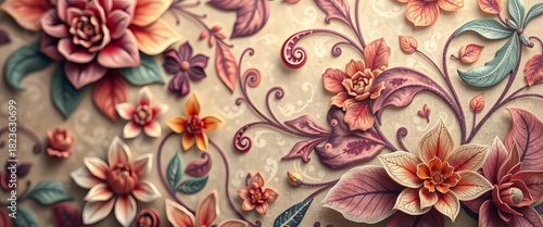 Intricate, swirling floral pattern in muted jewel tones, soft focus, backdrop, soft