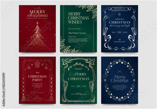 Christmas Poster Flyer Set in Classic Festive Invitation Style & Luxury Blue Red Green Gold Hues with Elegant Vintage Christmas Frame & Border Vector