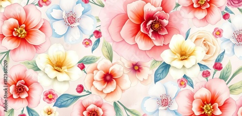 Intricate watercolor floral pattern, soft pastel hues, delicate blooms,  abstract,  floral design