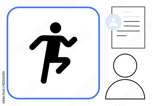Stick figure running in a box, paired with a profile document, emphasizing activity, task completion, user management, identity, organization, goal setting and personal progress. Ideal for action