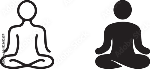 Abstract meditation poses show relaxation and mindfulness with cutout and filled silhouettes on transparent background