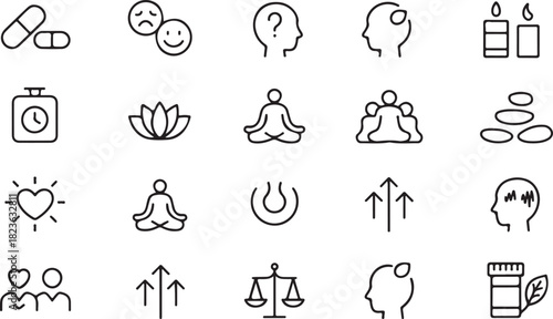 Black outlined wellness icons illustrate mental health and holistic therapy on a transparent background
