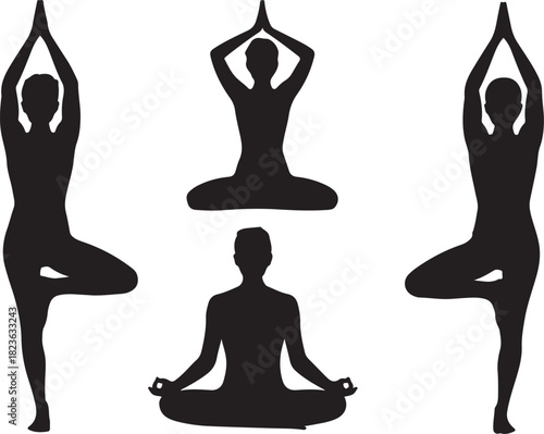 Black silhouettes of people meditating in yoga positions are isolated on transparent background