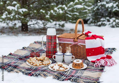 Cozy winter picnic with hot drinks and cookies on a snowy forest blanket