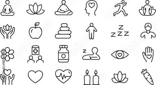 Health and wellness are shown in a set of simple line icons against transparent backdrop