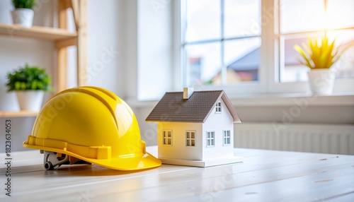 Safety First Miniature House & Hard Hat Illustrating Home Construction & Inspection - A Symbol of Building Regulations and Construction Safety