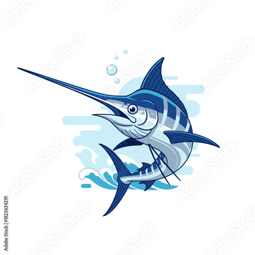 A vibrant illustration of a blue marlin leaping out of the ocean, showcasing its impressive size and features.