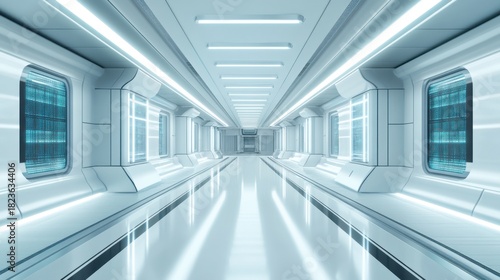 Fototapeta Naklejka Na Ścianę i Meble -  Futuristic sci fi corridor with glowing lights sleek white interior modern spaceship or space station design