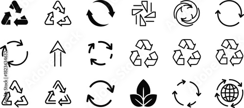 Vector Icon Set of Recycling Symbols and Circular Arrows, Representing Sustainability, Ecology, Environmental Protection, Renewable Resources, and Global Conservation Processes