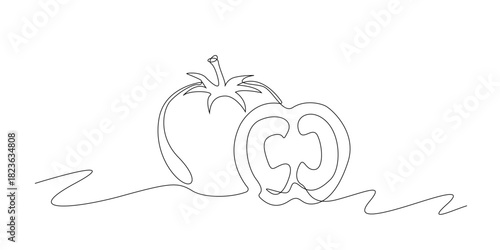 Continuous line drawing of a whole tomato and a sliced tomato. Single-line illustration suitable for organic food themes, fresh produce, cooking ingredients, and culinary design.