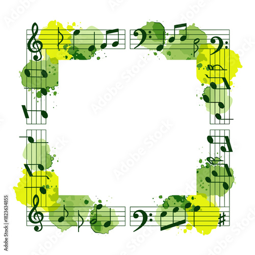 Green watercolor musical notes border with vibrant yellow splashes on white background