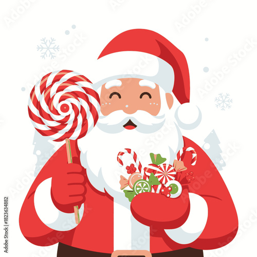 Santa Claus holding a large lollipop and a handful of Christmas candies.