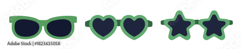 St. Patrick's Day green Party Sunglasses Glasses Flat Vector Illustration.
Saint Patricks Day Costumes Clipart.
Heart and star shaped glasses.
White background.