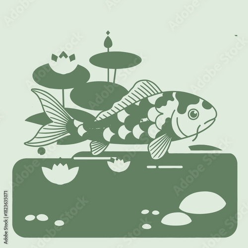A detailed illustration of a koi fish swimming in a pond with lily pads and aquatic plants.