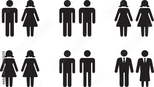 Restroom door pictograms. Woman and man public toilet vector signs, female and male hygiene washrooms symbols, black ladies and gentlemen wc restroom