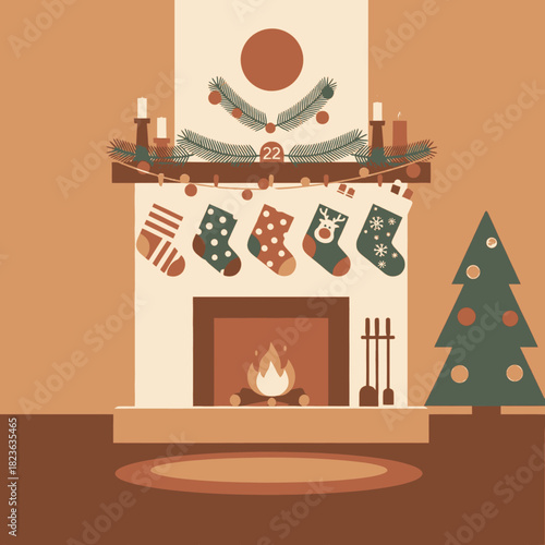 A cozy Christmas scene with a decorated fireplace, hanging stockings, and a festive Christmas tree, all in a warm, inviting indoor setting.