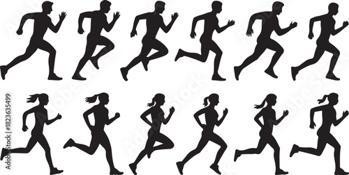 Run, set of running people, isolated vector silhouettes. Group of men and women runners