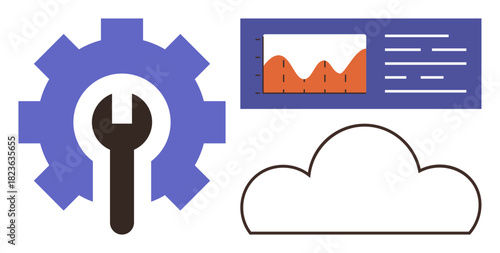 Gear with wrench, screen showing data analytics chart, and cloud shape. Ideal for innovation, data management, technology, cloud computing, analytics system optimization teamwork. Simple flat