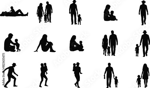 Vector Silhouette Set of Parents and Children Interacting, Representing Family Bonding, Parenting, Motherhood, Fatherhood, Childhood, Walking, and Leisure Time Activities