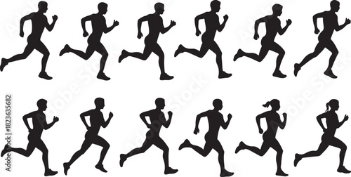 Run, set of running people, isolated vector silhouettes. Group of men and women runners