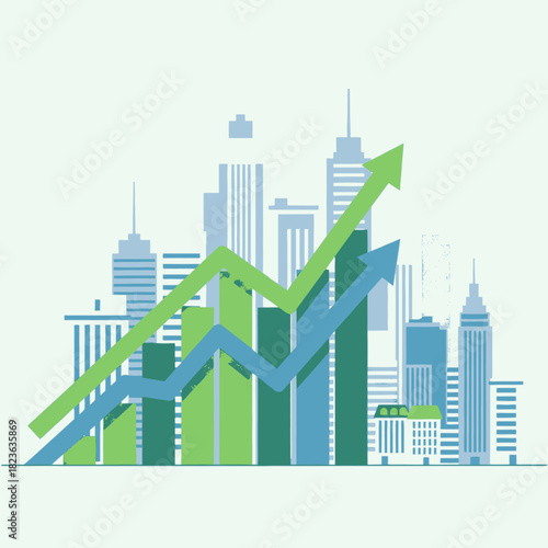 An illustration of a city skyline with upward trending bar graphs and arrows, representing growth.