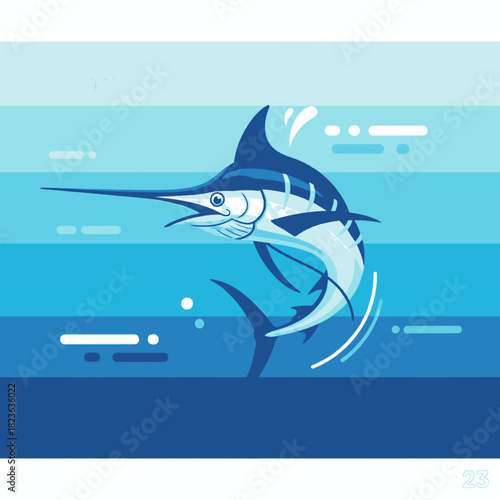 Illustration of a blue marlin jumping out of the ocean water.