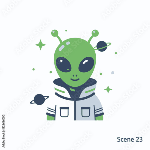 A friendly green alien with large eyes and antennae, wearing a spacesuit, surrounded by planets and stars.