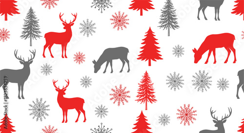 Seamless Red and Gray Vector Pattern with Christmas Trees, Deer Silhouettes, and Intricate Snowflakes, Perfect for Festive Wallpaper, Winter Backgrounds, and Holiday Packaging